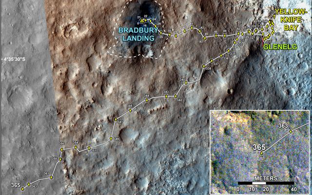 This map shows the route driven by NASA's Mars rover Curiosity through the 365 Martian day, or sol, of the rover's mission on Mars (August 16, 2013).