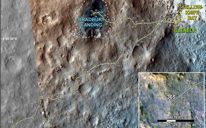 This map shows the route driven by NASA's Mars rover Curiosity through the 365 Martian day, or sol, of the rover's mission on Mars (August 16, 2013).