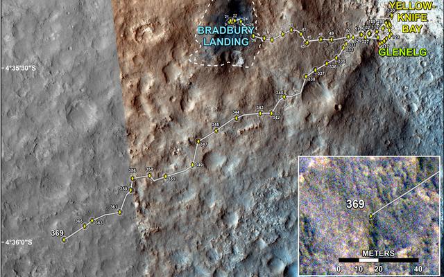 This map shows the route driven by NASA's Mars rover Curiosity through the 369 Martian day, or sol, of the rover's mission on Mars (August 20, 2013).