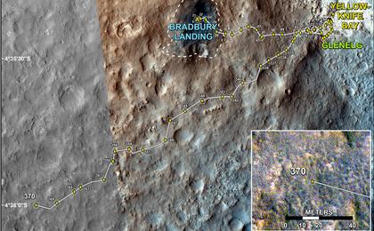 This map shows the route driven by NASA's Mars rover Curiosity through the 370 Martian day, or sol, of the rover's mission on Mars (August 21, 2013).