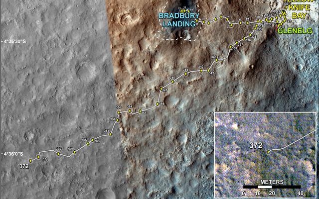 This map shows the route driven by NASA's Mars rover Curiosity through the 372 Martian day, or sol, of the rover's mission on Mars (August 23, 2013).