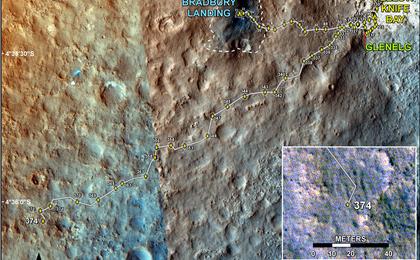 This map shows the route driven by NASA's Mars rover Curiosity through the 374 Martian day, or sol, of the rover's mission on Mars (August 25, 2013).