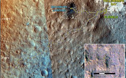 This map shows the route driven by NASA's Mars rover Curiosity through the 378 Martian day, or sol, of the rover's mission on Mars (August 29, 2013).