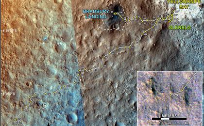This map shows the route driven by NASA's Mars rover Curiosity through the 379 Martian day, or sol, of the rover's mission on Mars (August 30, 2013).