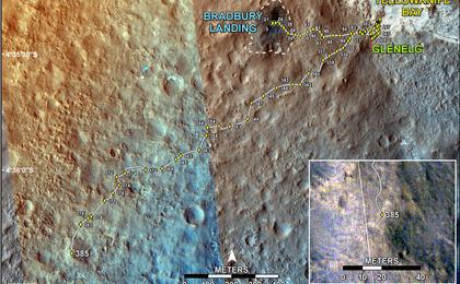 This map shows the route driven by NASA's Mars rover Curiosity through the 385 Martian day, or sol, of the rover's mission on Mars (September 6, 2013).