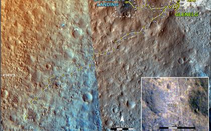 This map shows the route driven by NASA's Mars rover Curiosity through the 388 Martian day, or sol, of the rover's mission on Mars (September 9, 2013).