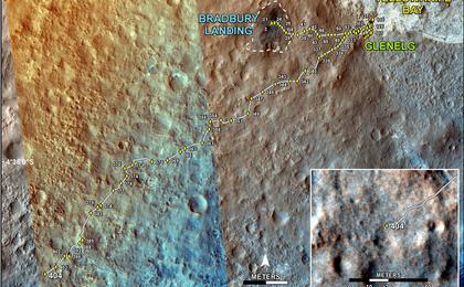 This map shows the route driven by NASA's Mars rover Curiosity through the 404 Martian day, or sol, of the rover's mission on Mars (September 25, 2013).