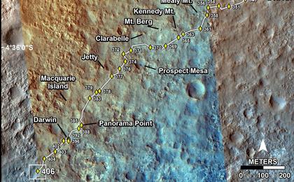 This map shows the route driven by NASA's Mars rover Curiosity through the 406 Martian day, or sol, of the rover's mission on Mars (September 27, 2013).