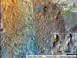 This map shows the route driven by NASA's Mars rover Curiosity through the 409 Martian day, or sol, of the rover's mission on Mars (September 30, 2013).