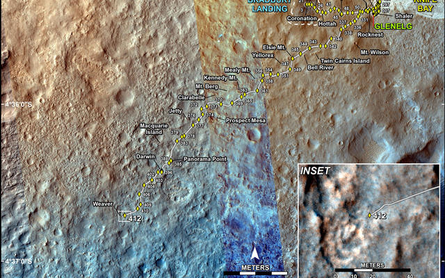 This map shows the route driven by NASA's Mars rover Curiosity through the 412 Martian day, or sol, of the rover's mission on Mars (October 3, 2013).