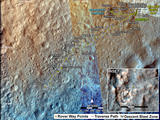 This map shows the route driven by NASA's Mars rover Curiosity through the 412 Martian day, or sol, of the rover's mission on Mars (October 3, 2013).