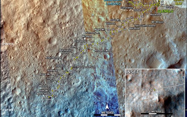 This map shows the route driven by NASA's Mars rover Curiosity through the 417 Martian day, or sol, of the rover's mission on Mars (October 8, 2013).