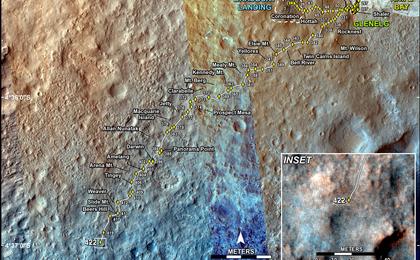 This map shows the route driven by NASA's Mars rover Curiosity through the 422 Martian day, or sol, of the rover's mission on Mars (October 14, 2013).