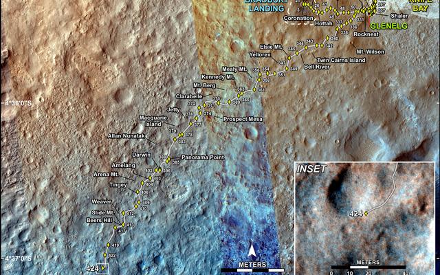 This map shows the route driven by NASA's Mars rover Curiosity through the 424 Martian day, or sol, of the rover's mission on Mars (October 16, 2013).