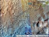 This map shows the route driven by NASA's Mars rover Curiosity through the 424 Martian day, or sol, of the rover's mission on Mars (October 16, 2013).