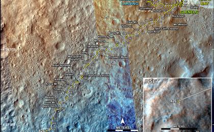 This map shows the route driven by NASA's Mars rover Curiosity through the 426 Martian day, or sol, of the rover's mission on Mars (October 18, 2013).