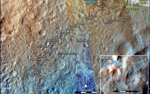This map shows the route driven by NASA's Mars rover Curiosity through the 429 Martian day, or sol, of the rover's mission on Mars (October 21, 2013).