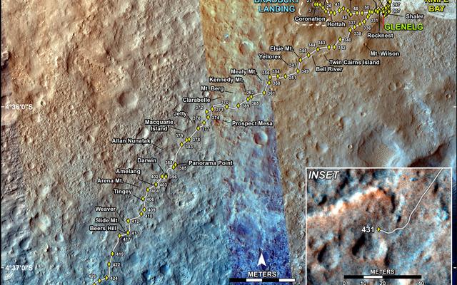 This map shows the route driven by NASA's Mars rover Curiosity through the 431 Martian day, or sol, of the rover's mission on Mars (October 23, 2013).