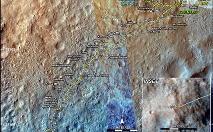 This map shows the route driven by NASA's Mars rover Curiosity through the 433 Martian day, or sol, of the rover's mission on Mars (October 25, 2013).