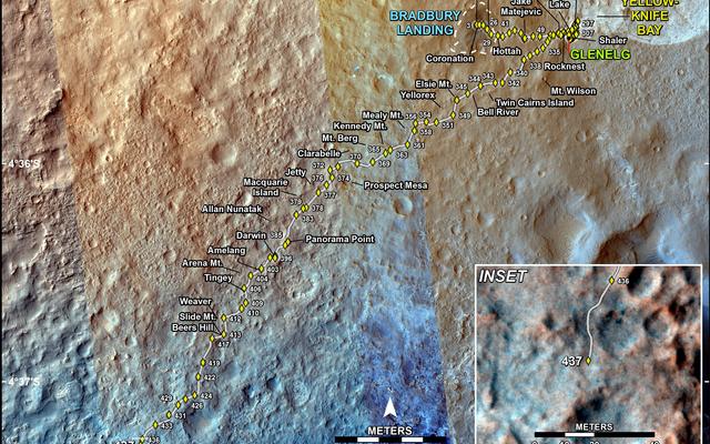 This map shows the route driven by NASA's Mars rover Curiosity through the 437 Martian day, or sol, of the rover's mission on Mars (October 29, 2013).