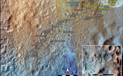 This map shows the route driven by NASA's Mars rover Curiosity through the 437 Martian day, or sol, of the rover's mission on Mars (October 29, 2013).