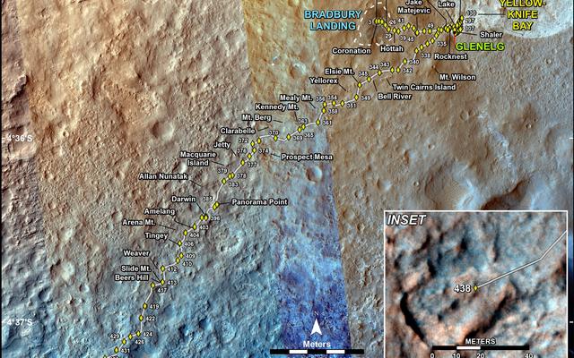 This map shows the route driven by NASA's Mars rover Curiosity through the 438 Martian day, or sol, of the rover's mission on Mars (October 30, 2013).