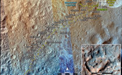 This map shows the route driven by NASA's Mars rover Curiosity through the 438 Martian day, or sol, of the rover's mission on Mars (October 30, 2013).