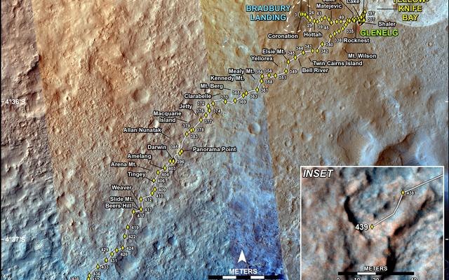 This map shows the route driven by NASA's Mars rover Curiosity through the 439 Martian day, or sol, of the rover's mission on Mars (October 31, 2013).
