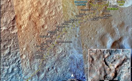 This map shows the route driven by NASA's Mars rover Curiosity through the 440 Martian day, or sol, of the rover's mission on Mars (November 1, 2013).