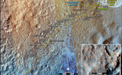 This map shows the route driven by NASA's Mars rover Curiosity through the 453 Martian day, or sol, of the rover's mission on Mars (November 14, 2013).