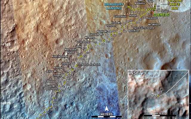 This map shows the route driven by NASA's Mars rover Curiosity through the 455 Martian day, or sol, of the rover's mission on Mars (November 16, 2013).