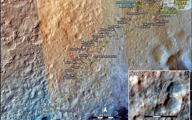 This map shows the route driven by NASA's Mars rover Curiosity through the 465 Martian day, or sol, of the rover's mission on Mars (November 27, 2013).
