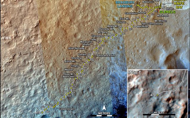 This map shows the route driven by NASA's Mars rover Curiosity through the 470 Martian day, or sol, of the rover's mission on Mars (December 3, 2013).