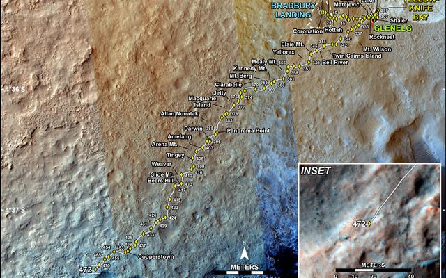 This map shows the route driven by NASA's Mars rover Curiosity through the 472 Martian day, or sol, of the rover's mission on Mars (December 4, 2013).