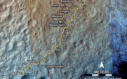 This map shows the route driven by NASA's Mars rover Curiosity through the 474 Martian day, or sol, of the rover's mission on Mars (December 6, 2013).