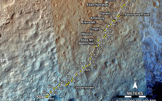 This map shows the route driven by NASA's Mars rover Curiosity through the 504 Martian day, or sol, of the rover's mission on Mars (January 5, 2014).