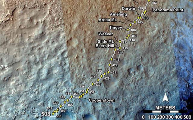 This map shows the route driven by NASA's Mars rover Curiosity through the 508 Martian day, or sol, of the rover's mission on Mars (January 10, 2014).