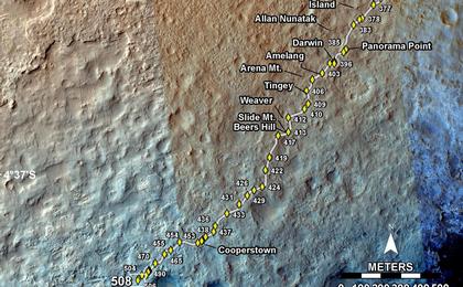 This map shows the route driven by NASA's Mars rover Curiosity through the 508 Martian day, or sol, of the rover's mission on Mars (January 10, 2014).