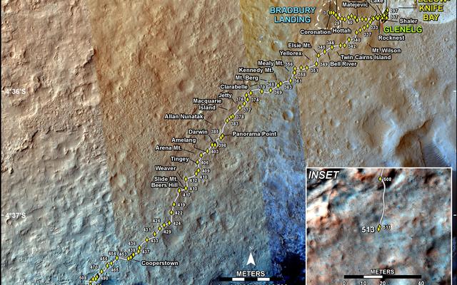 This map shows the route driven by NASA's Mars rover Curiosity through the 513 Martian day, or sol, of the rover's mission on Mars (January 15, 2014).