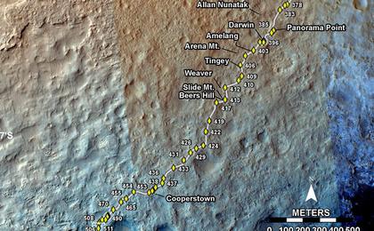 This map shows the route driven by NASA's Mars rover Curiosity through the 513 Martian day, or sol, of the rover's mission on Mars (January 15, 2014).