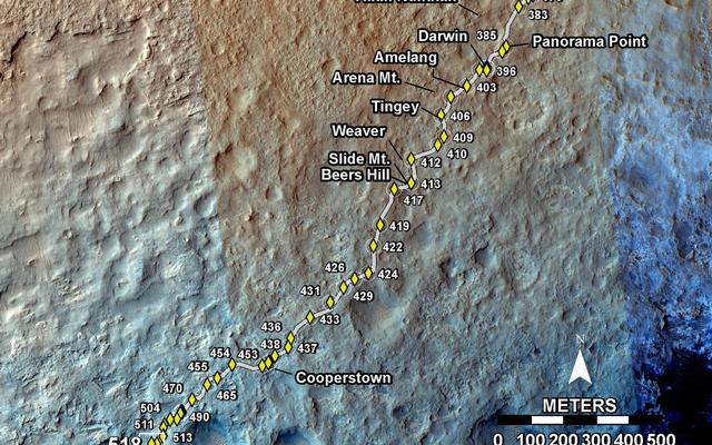 This map shows the route driven by NASA's Mars rover Curiosity through the 518 Martian day, or sol, of the rover's mission on Mars (January 20, 2014).