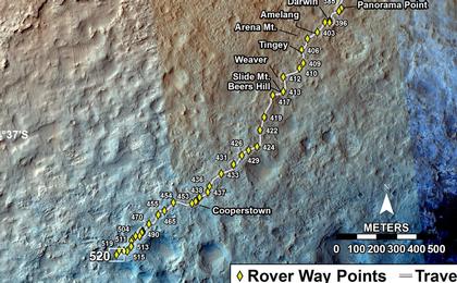 This map shows the route driven by NASA's Mars rover Curiosity through the 520 Martian day, or sol, of the rover's mission on Mars (January 22, 2014).