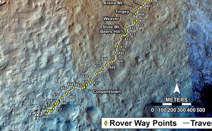 This map shows the route driven by NASA's Mars rover Curiosity through the 521 Martian day, or sol, of the rover's mission on Mars (January 23, 2014).