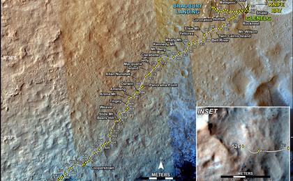 This map shows the route driven by NASA's Mars rover Curiosity through the 526 Martian day, or sol, of the rover's mission on Mars (January 28, 2014).