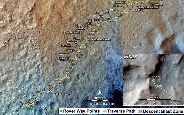 This map shows the route driven by NASA's Mars rover Curiosity through the 532 Martian day, or sol, of the rover's mission on Mars (February 3, 2014).