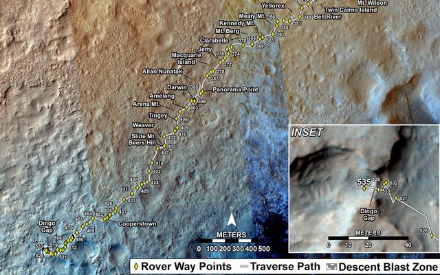 This map shows the route driven by NASA's Mars rover Curiosity through the 535 Martian day, or sol, of the rover's mission on Mars (February 6, 2014).