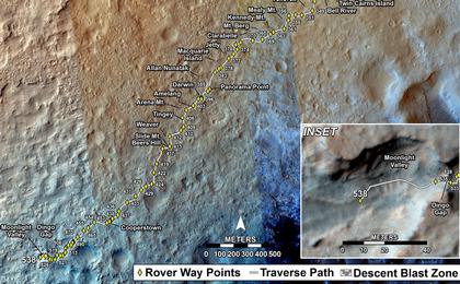 This map shows the route driven by NASA's Mars rover Curiosity through the 538 Martian day, or sol, of the rover's mission on Mars (February 9, 2014).