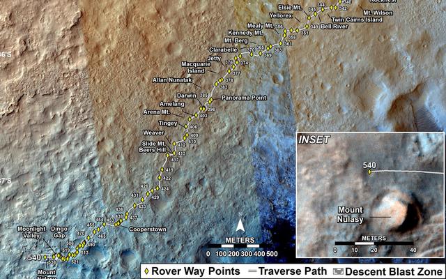 This map shows the route driven by NASA's Mars rover Curiosity through the 540 Martian day, or sol, of the rover's mission on Mars (February 12, 2014).