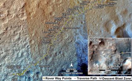 This map shows the route driven by NASA's Mars rover Curiosity through the 542 Martian day, or sol, of the rover's mission on Mars (February 14, 2014).