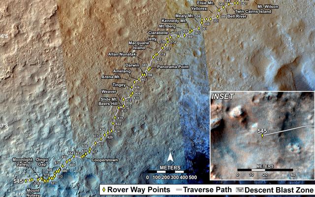 This map shows the route driven by NASA's Mars rover Curiosity through the 545 Martian day, or sol, of the rover's mission on Mars (February 17, 2014).
